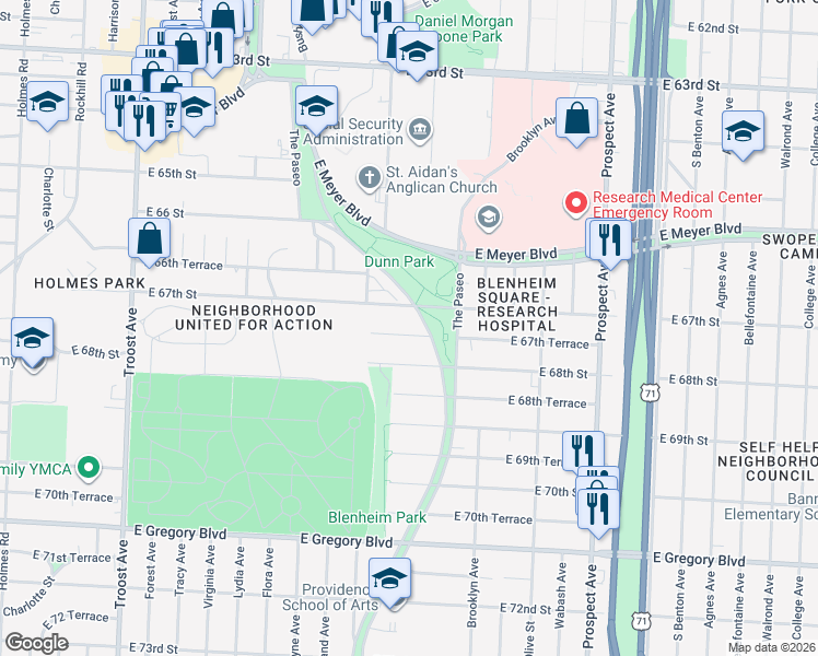 map of restaurants, bars, coffee shops, grocery stores, and more near 1827 East 67th Terrace in Kansas City