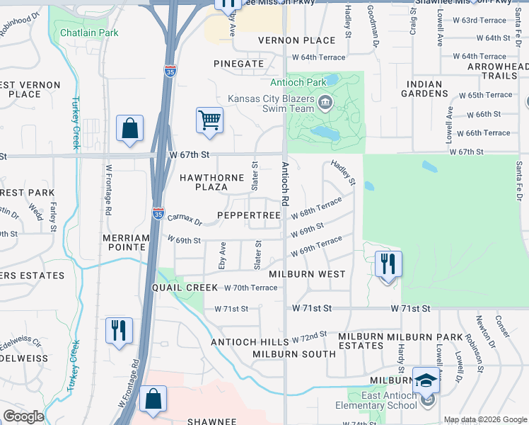 map of restaurants, bars, coffee shops, grocery stores, and more near 6814 Antioch Road in Overland Park