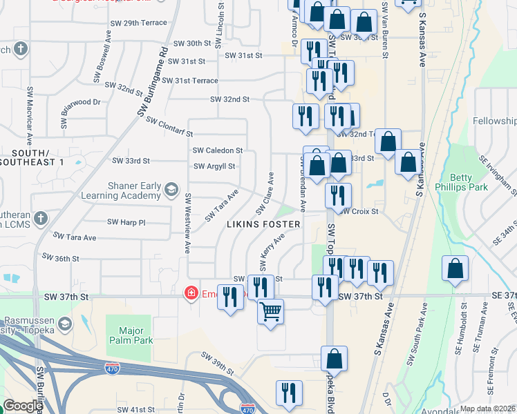 map of restaurants, bars, coffee shops, grocery stores, and more near in Topeka