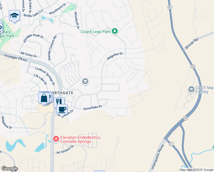 map of restaurants, bars, coffee shops, grocery stores, and more near 2152 Fieldcrest Drive in Colorado Springs