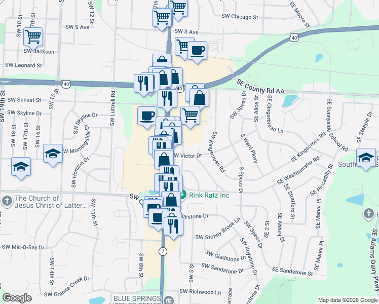 map of restaurants, bars, coffee shops, grocery stores, and more near 504 Southwest Victor Drive in Blue Springs