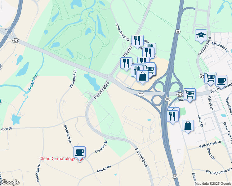 map of restaurants, bars, coffee shops, grocery stores, and more near 22080 Pacific Boulevard in Sterling