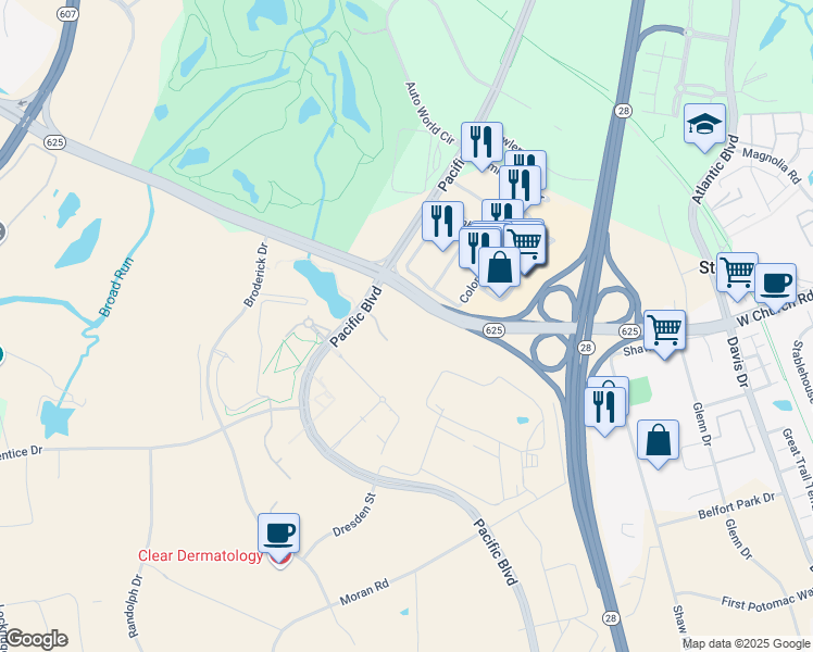 map of restaurants, bars, coffee shops, grocery stores, and more near 22080 Pacific Boulevard in Sterling