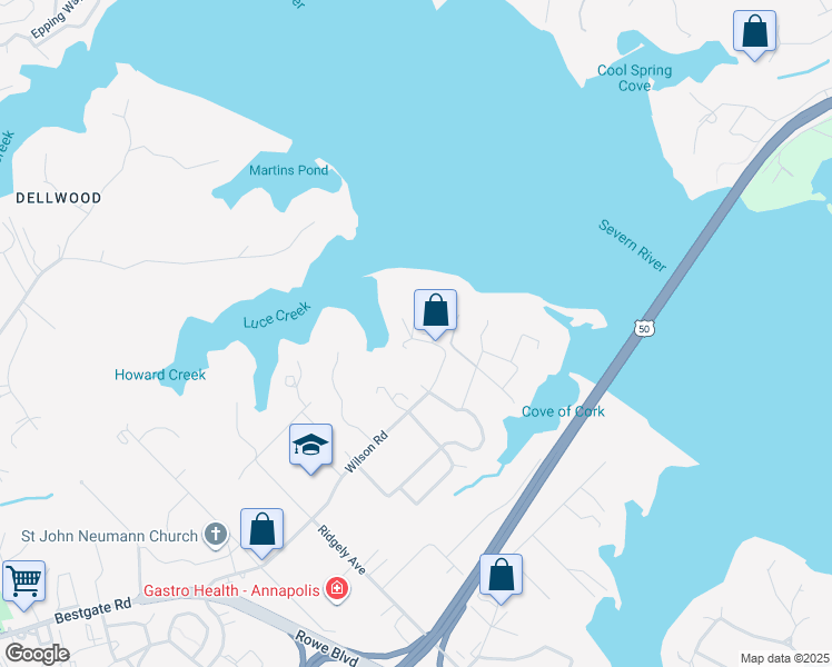 map of restaurants, bars, coffee shops, grocery stores, and more near 1007 Dreams Landing Way in Annapolis