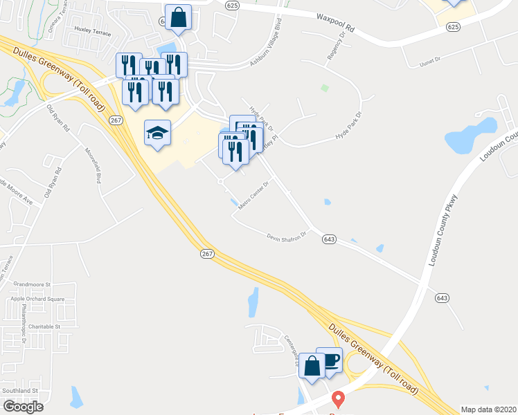 map of restaurants, bars, coffee shops, grocery stores, and more near 43790 Devin Shafron Drive in Ashburn