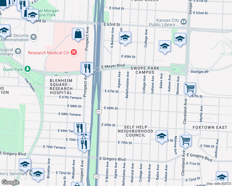 map of restaurants, bars, coffee shops, grocery stores, and more near 6700 Agnes Avenue in Kansas City