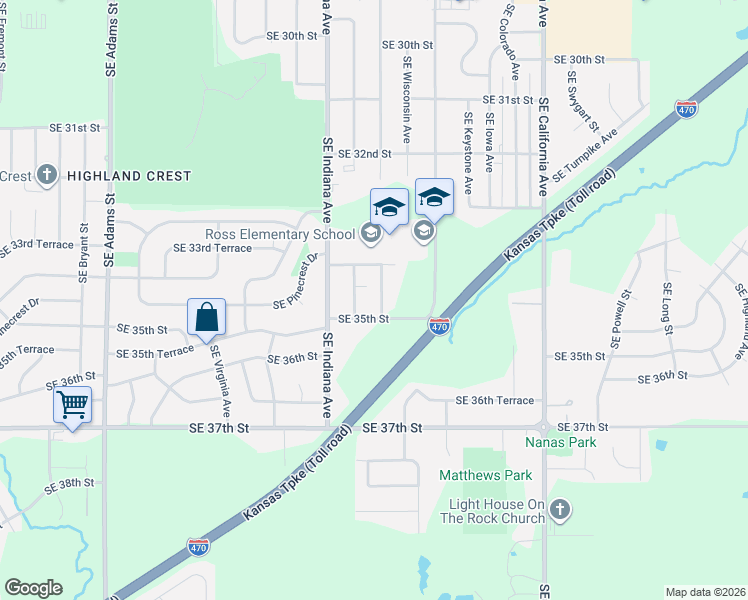 map of restaurants, bars, coffee shops, grocery stores, and more near Southeast 35th Street in Topeka