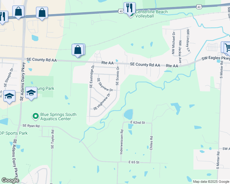 map of restaurants, bars, coffee shops, grocery stores, and more near 1201 Southeast Scenic Drive in Blue Springs