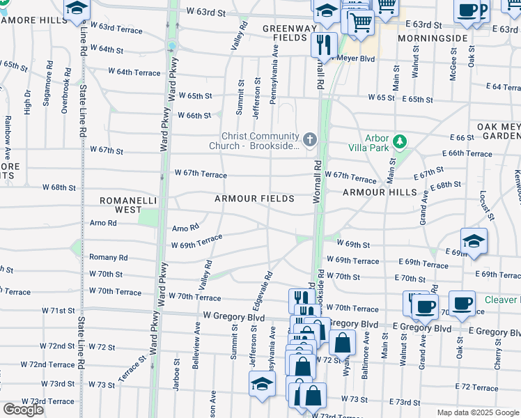 map of restaurants, bars, coffee shops, grocery stores, and more near 616 West 69th Street in Kansas City
