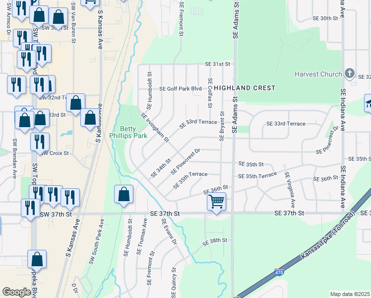 map of restaurants, bars, coffee shops, grocery stores, and more near 400 Southeast Pinecrest Drive in Topeka