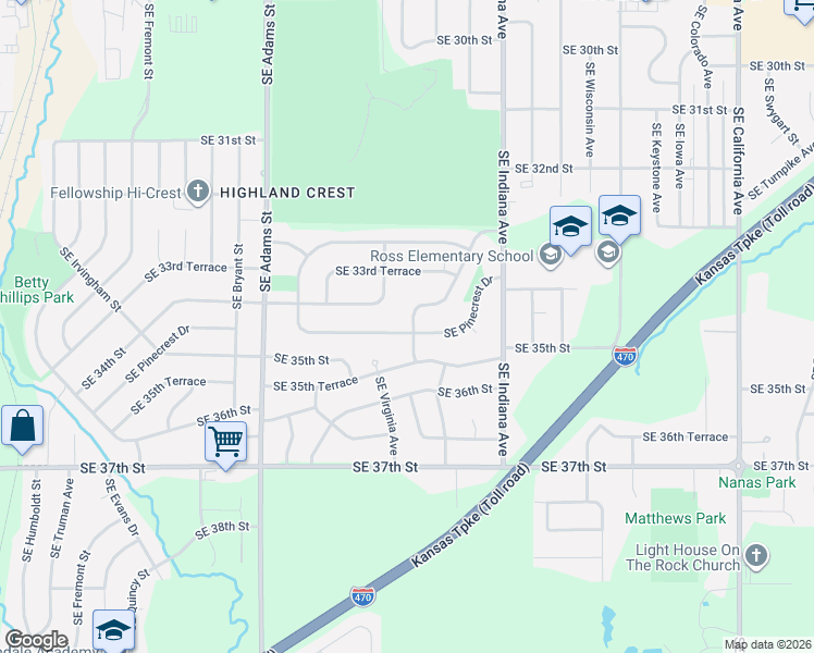 map of restaurants, bars, coffee shops, grocery stores, and more near 1107 Southeast Pinecrest Drive in Topeka