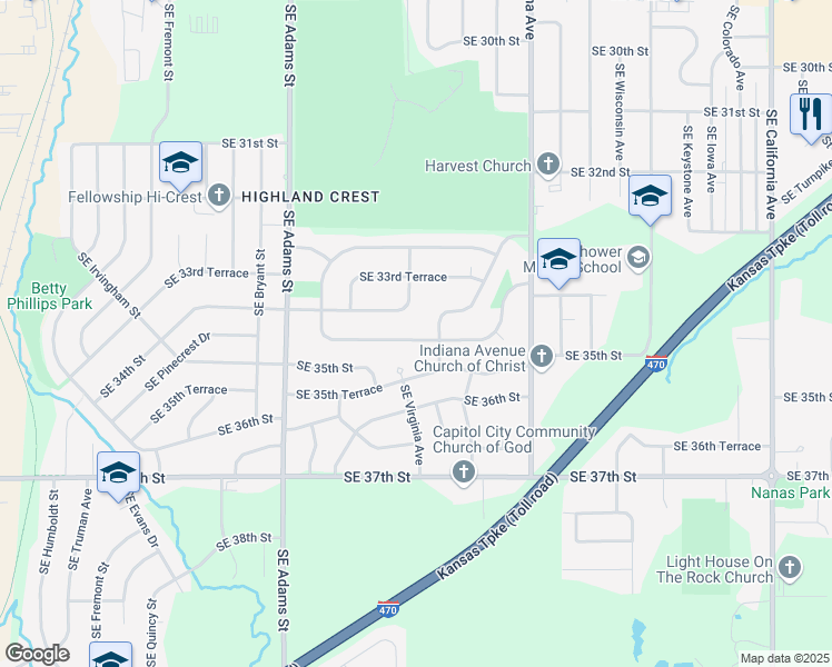 map of restaurants, bars, coffee shops, grocery stores, and more near 1014 Southeast Pinecrest Drive in Topeka