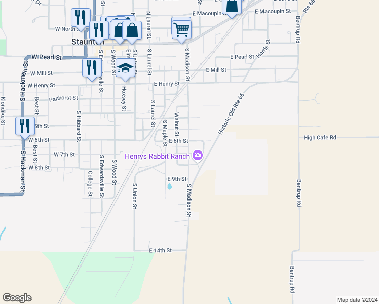 map of restaurants, bars, coffee shops, grocery stores, and more near 1000-1020 Madison Street in Staunton