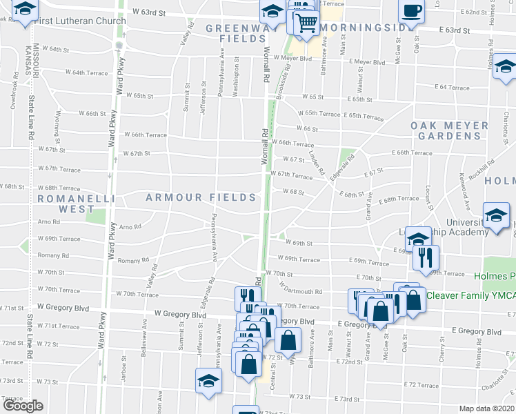 map of restaurants, bars, coffee shops, grocery stores, and more near 135 Harry Wiggins Trolley Track Trail in Kansas City