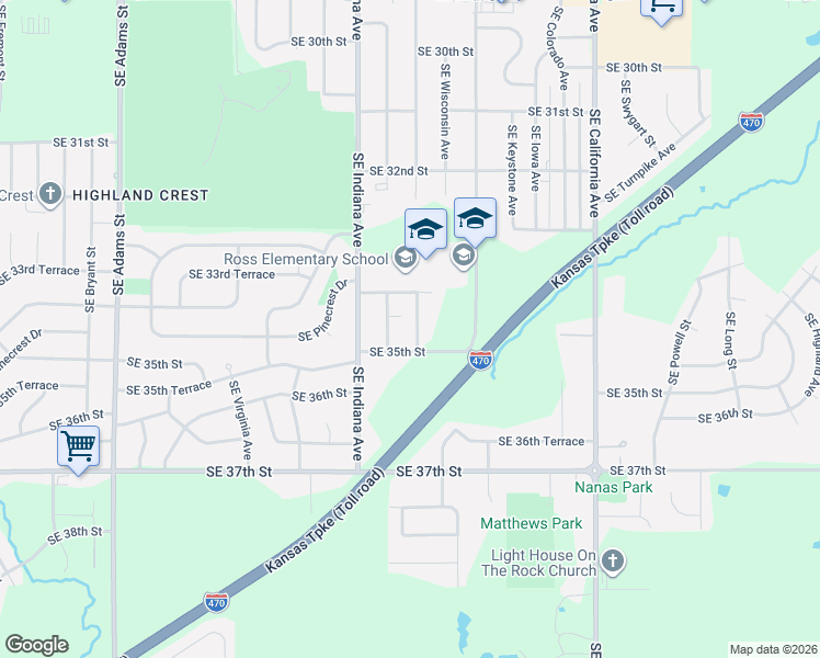 map of restaurants, bars, coffee shops, grocery stores, and more near Southeast 35th Street in Topeka
