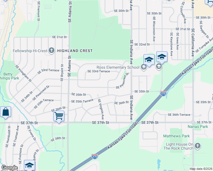 map of restaurants, bars, coffee shops, grocery stores, and more near 1107 Southeast Pinecrest Drive in Topeka