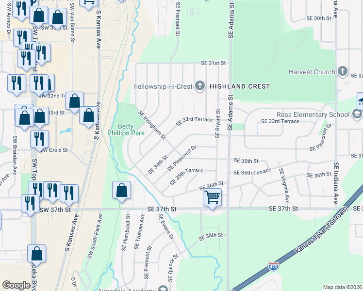 map of restaurants, bars, coffee shops, grocery stores, and more near 400 Southeast Pinecrest Drive in Topeka