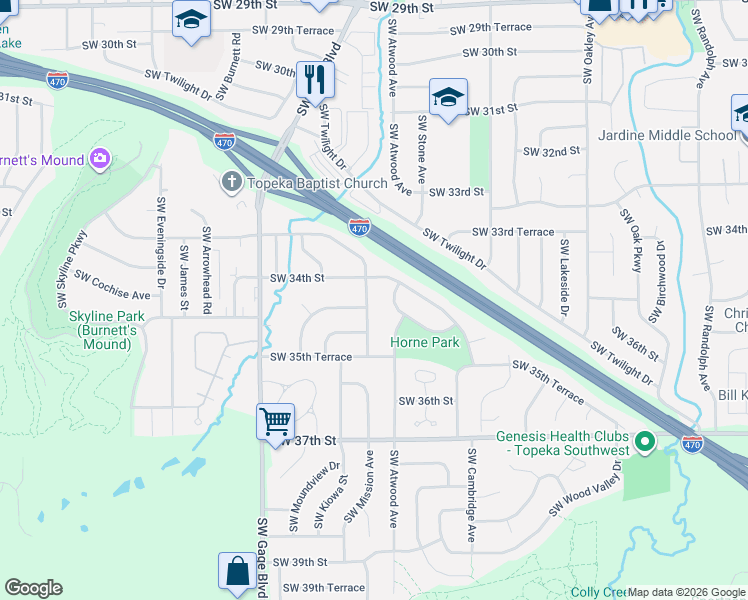 map of restaurants, bars, coffee shops, grocery stores, and more near 3436 Southwest Mission Avenue in Topeka