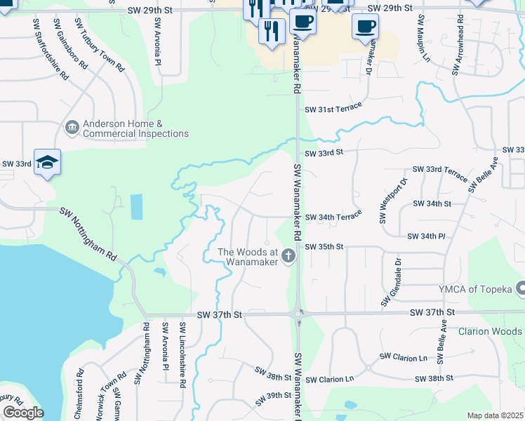 map of restaurants, bars, coffee shops, grocery stores, and more near 3431 SW Brandywine Ct in Topeka