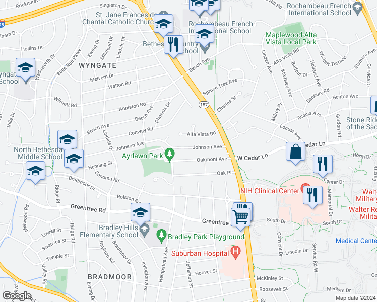 map of restaurants, bars, coffee shops, grocery stores, and more near 5532 Johnson Avenue in Bethesda