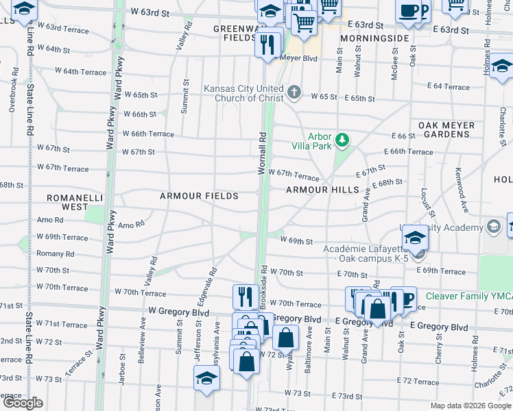 map of restaurants, bars, coffee shops, grocery stores, and more near 135 Harry Wiggins Trolley Track Trail in Kansas City