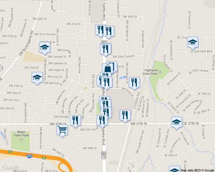 map of restaurants, bars, coffee shops, grocery stores, and more near 3406 Southwest Topeka Boulevard in Topeka