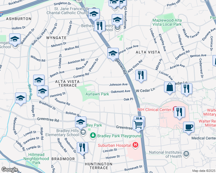 map of restaurants, bars, coffee shops, grocery stores, and more near 5532 Johnson Avenue in Bethesda