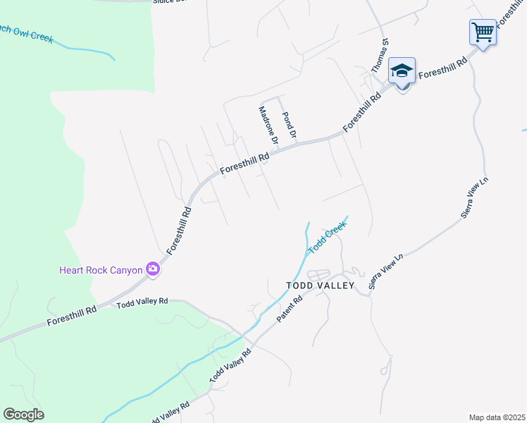 map of restaurants, bars, coffee shops, grocery stores, and more near 6121 Emerson Lane in Foresthill