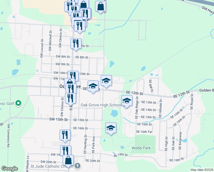 map of restaurants, bars, coffee shops, grocery stores, and more near 504 Southeast 12th Street in Oak Grove