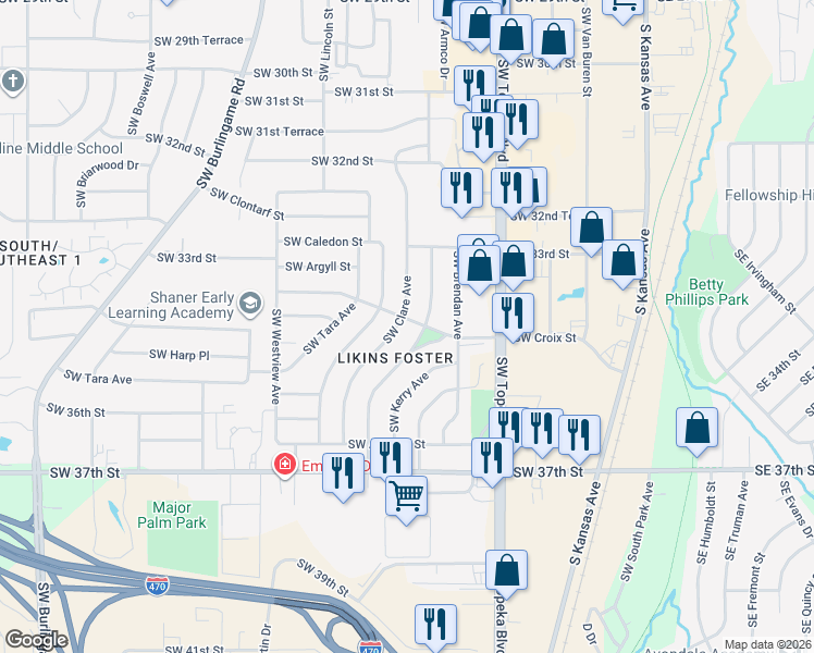 map of restaurants, bars, coffee shops, grocery stores, and more near 3440-3502 Southwest Kirklawn Avenue in Topeka