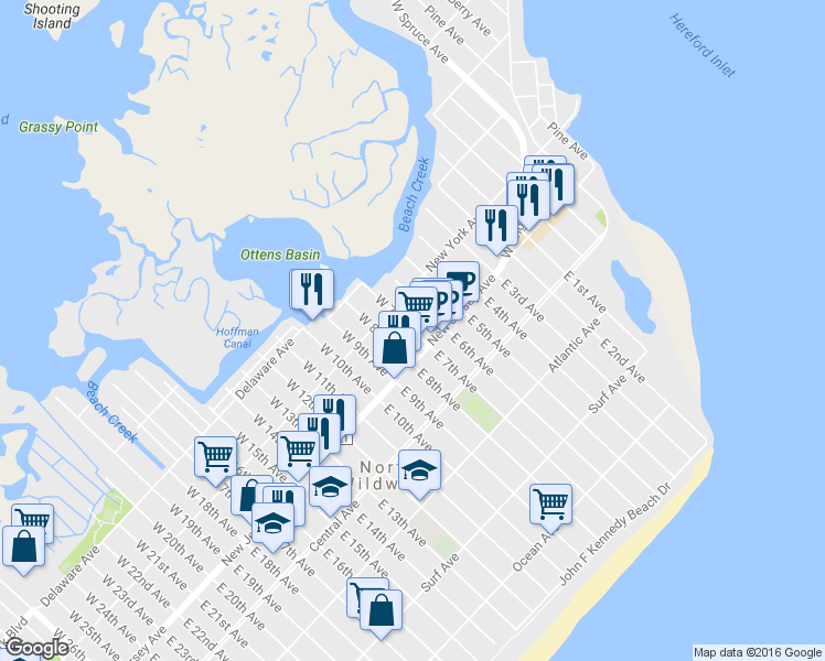 map of restaurants, bars, coffee shops, grocery stores, and more near 108 West 7th Avenue in North Wildwood