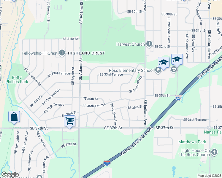 map of restaurants, bars, coffee shops, grocery stores, and more near 1011 Southeast Pinecrest Drive in Topeka