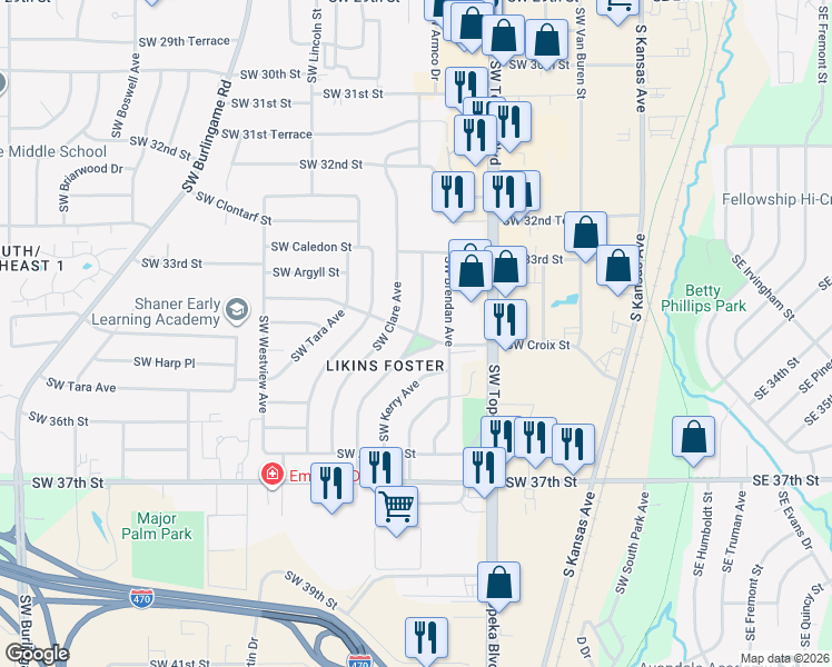 map of restaurants, bars, coffee shops, grocery stores, and more near 3440 Southwest Kirklawn Avenue in Topeka
