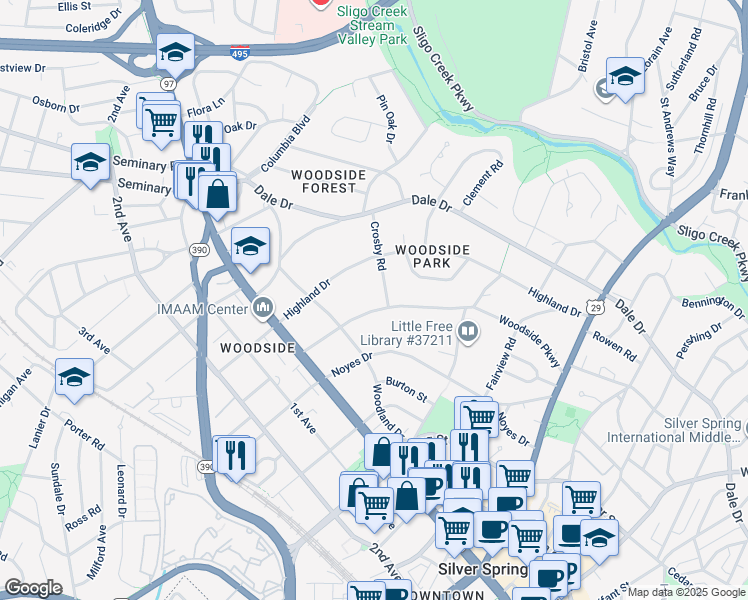 map of restaurants, bars, coffee shops, grocery stores, and more near 1305 Woodside Parkway in Silver Spring