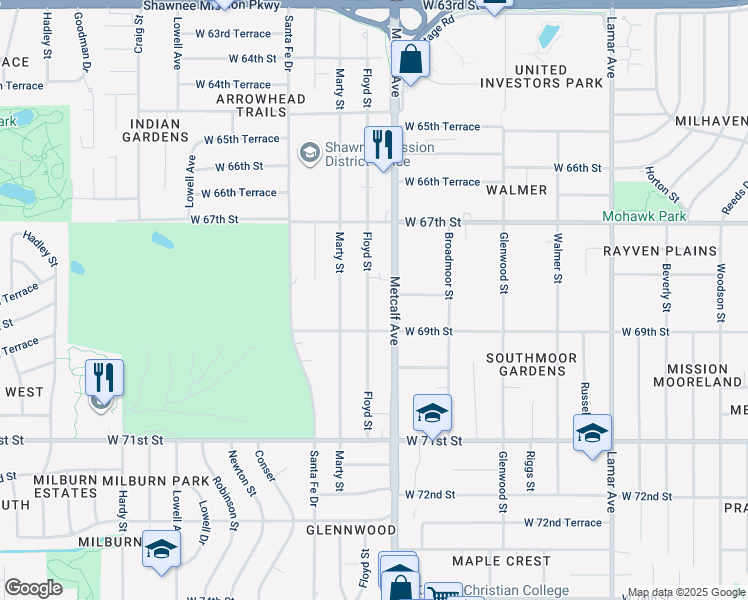 map of restaurants, bars, coffee shops, grocery stores, and more near 6832 Metcalf Avenue in Overland Park