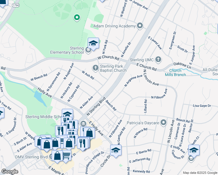 map of restaurants, bars, coffee shops, grocery stores, and more near 527 North Sterling Boulevard in Sterling