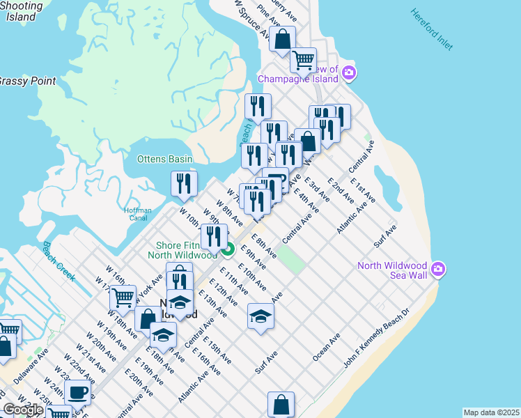 map of restaurants, bars, coffee shops, grocery stores, and more near 107 East 7th Avenue in North Wildwood