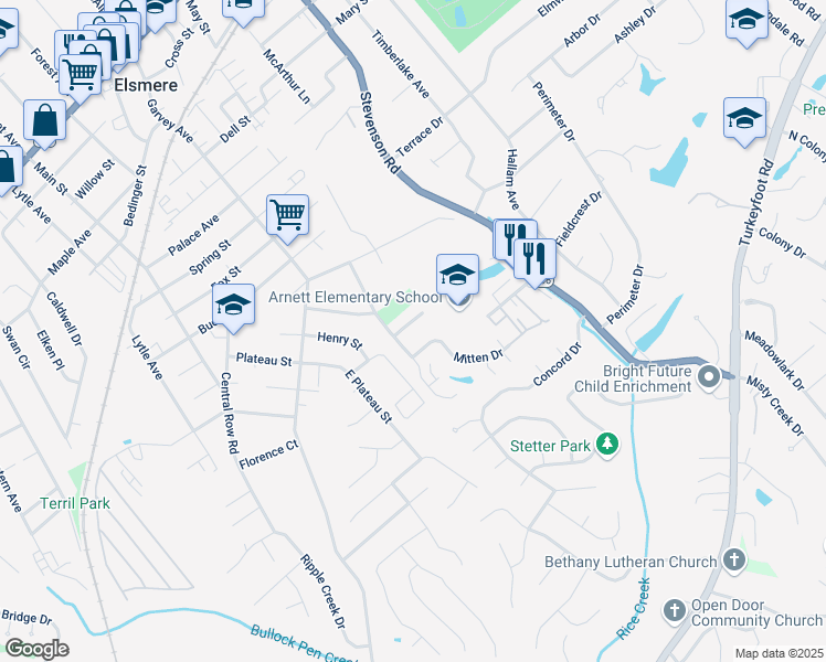 map of restaurants, bars, coffee shops, grocery stores, and more near 3655 Mitten Drive in Elsmere