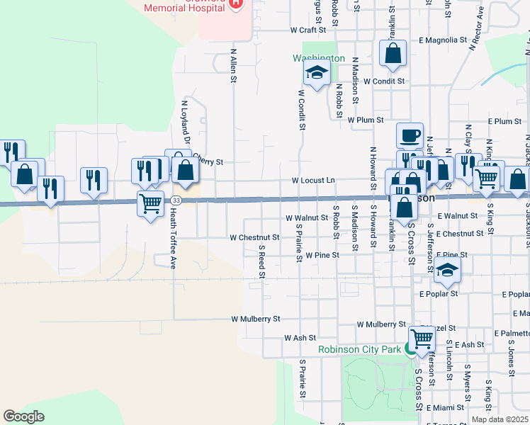 map of restaurants, bars, coffee shops, grocery stores, and more near 201-299 South Reed Street in Robinson