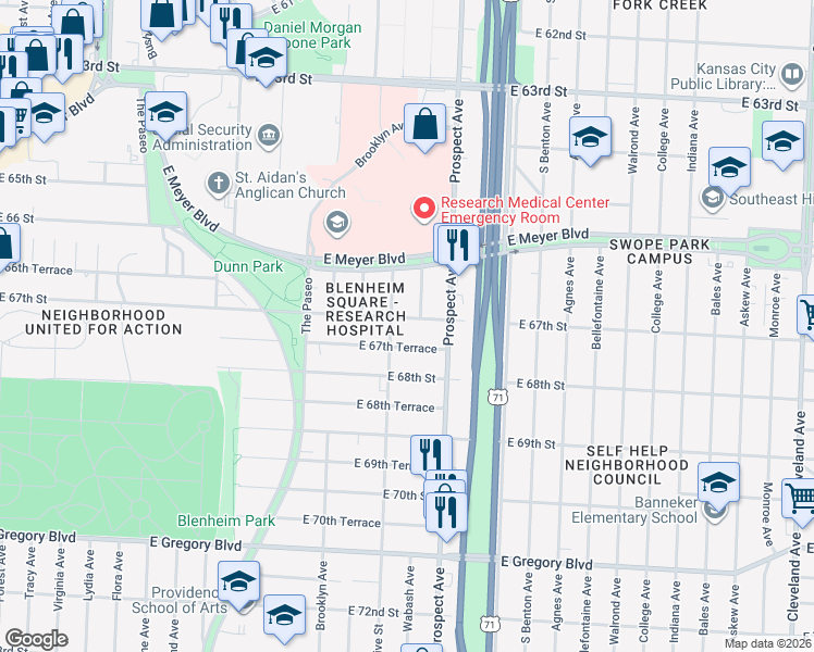 map of restaurants, bars, coffee shops, grocery stores, and more near 2404 East 67th Terrace in Kansas City