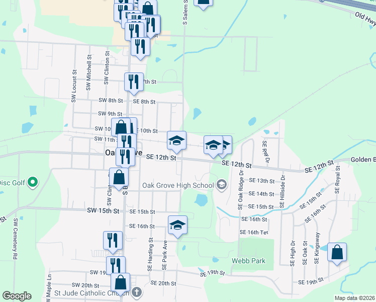 map of restaurants, bars, coffee shops, grocery stores, and more near 504 Southeast 12th Street in Oak Grove
