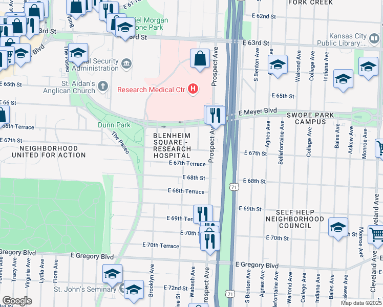 map of restaurants, bars, coffee shops, grocery stores, and more near 2404 East 67th Terrace in Kansas City