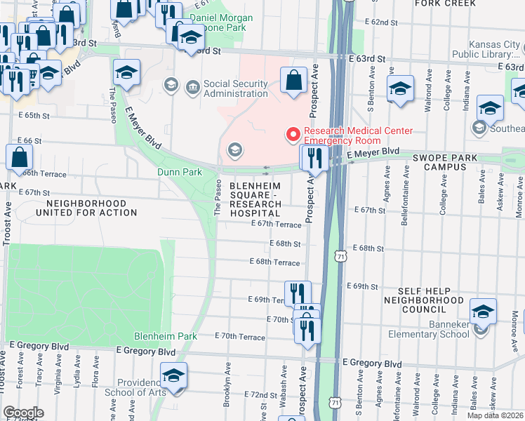 map of restaurants, bars, coffee shops, grocery stores, and more near 2220 East 67th Terrace in Kansas City
