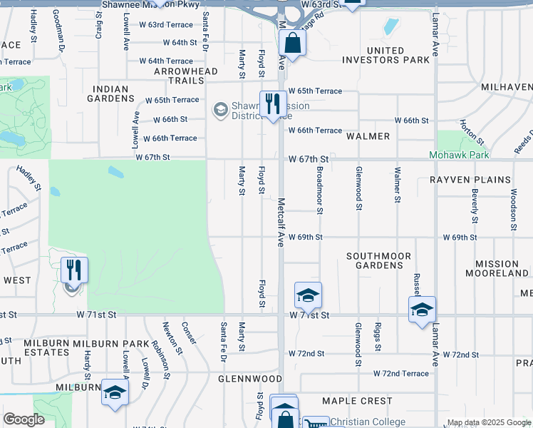 map of restaurants, bars, coffee shops, grocery stores, and more near 6832 Metcalf Avenue in Overland Park