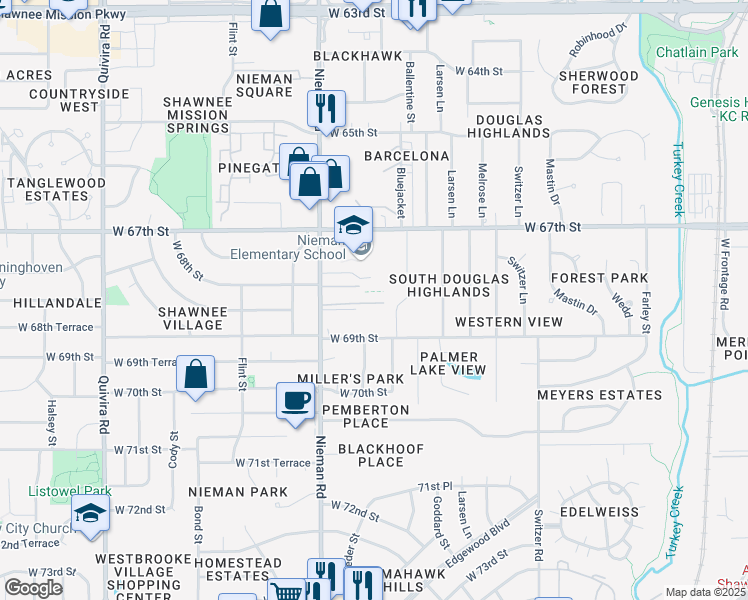 map of restaurants, bars, coffee shops, grocery stores, and more near 6826 Bluejacket Street in Shawnee
