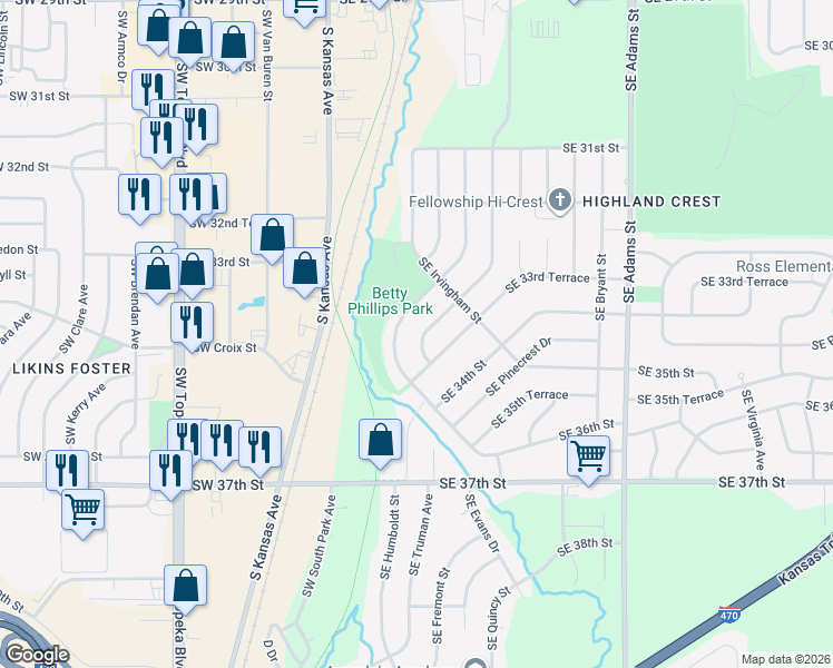 map of restaurants, bars, coffee shops, grocery stores, and more near 3356 Southeast Girard Street in Topeka