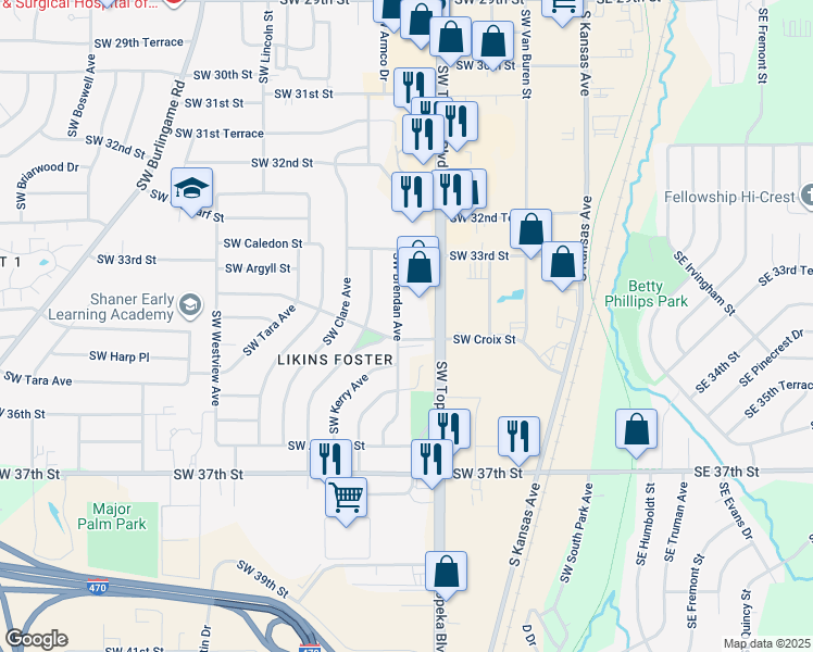 map of restaurants, bars, coffee shops, grocery stores, and more near 901 Southwest Croix Place in Topeka