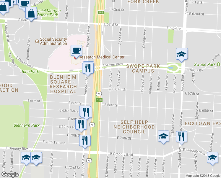 map of restaurants, bars, coffee shops, grocery stores, and more near S Benton Ave & E 67th St in Kansas City