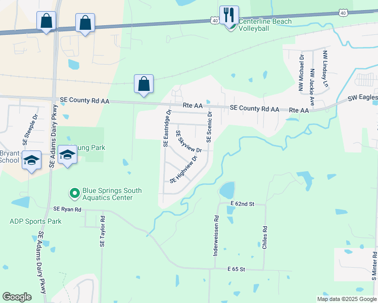 map of restaurants, bars, coffee shops, grocery stores, and more near 1212 Southeast Highview Drive in Blue Springs