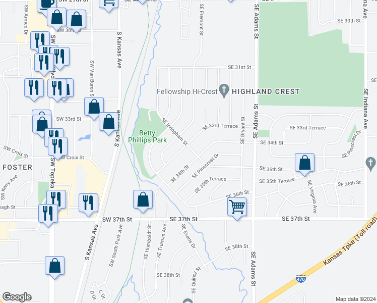 map of restaurants, bars, coffee shops, grocery stores, and more near 3387 Southeast Irvingham Street in Topeka